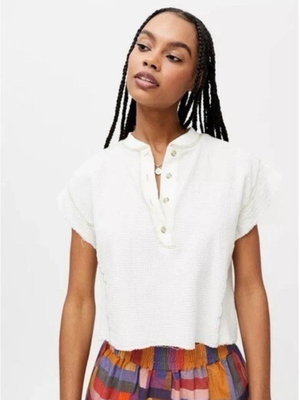 Urban Outfitters BDG Knit Cropped Waffle Knit Henley Short Sleeve Ivory Size M